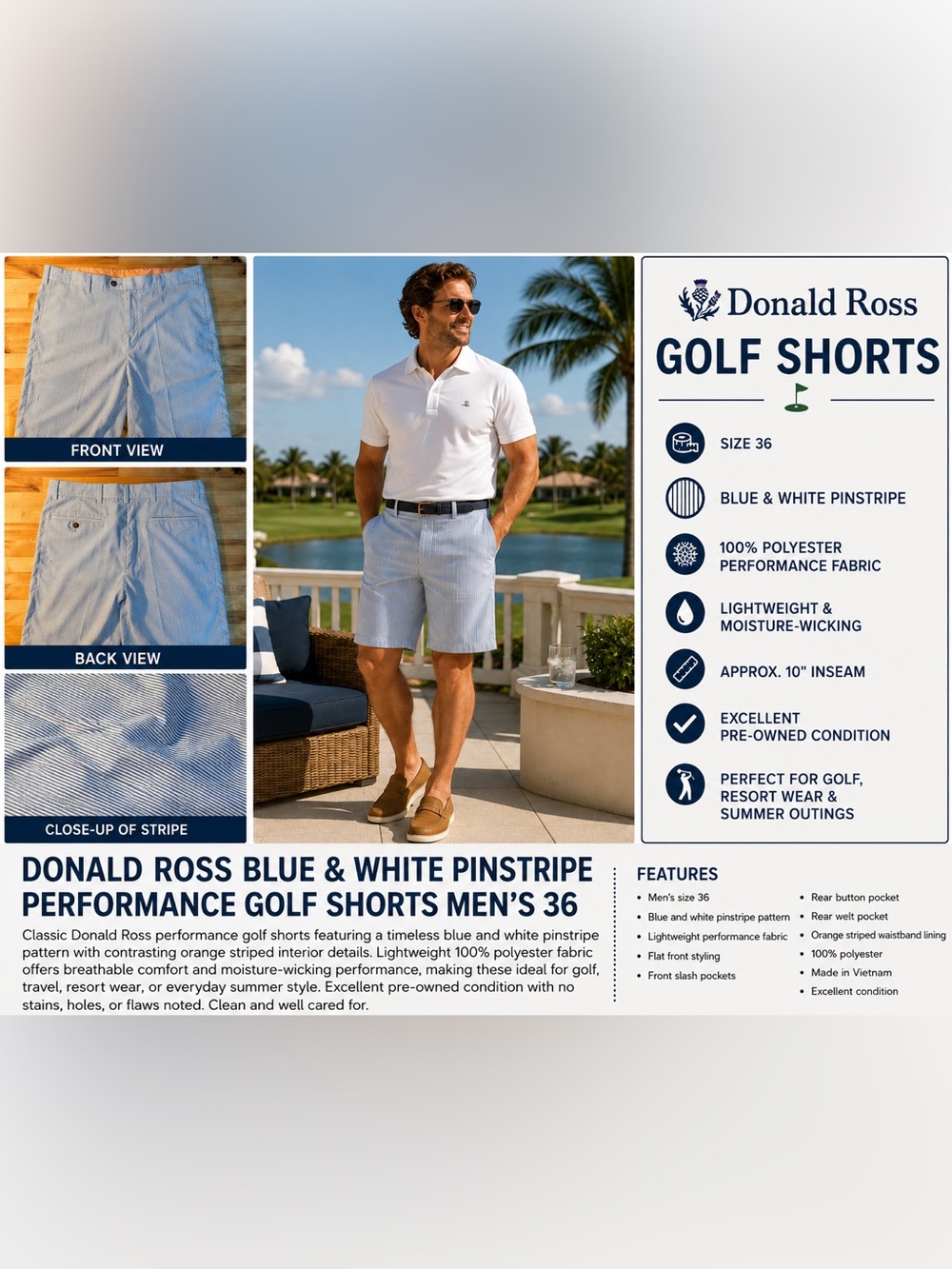 Donald Ross Blue & White Pinstripe Performance Golf Shorts - Men’s 36